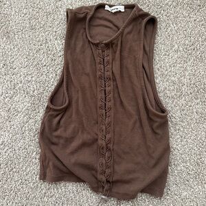 Joah Brown White Ribbed Lace Up Cropped Tank